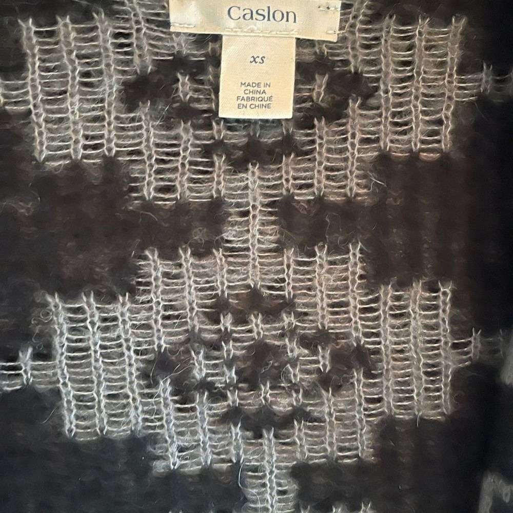 Caslon Women Cardigan Sweater Gray Black Geometric Fringe Open Front Size XS 327 - Picture 4 of 11